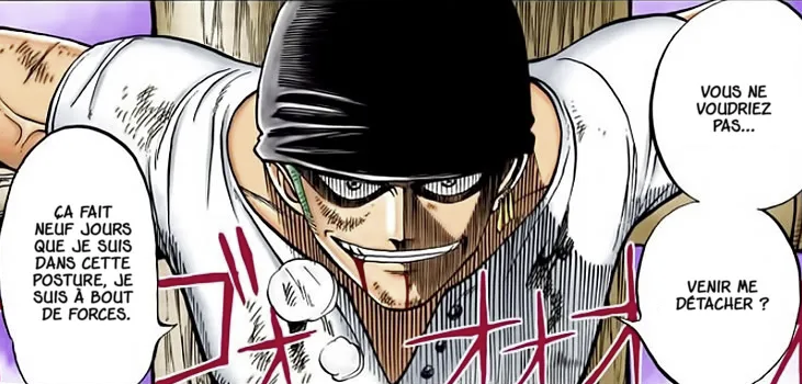 Première apparation de Roronoa Zoro dans le tome 1, chapitre 3. Arc Romance Dawn, Saga East Blue. 