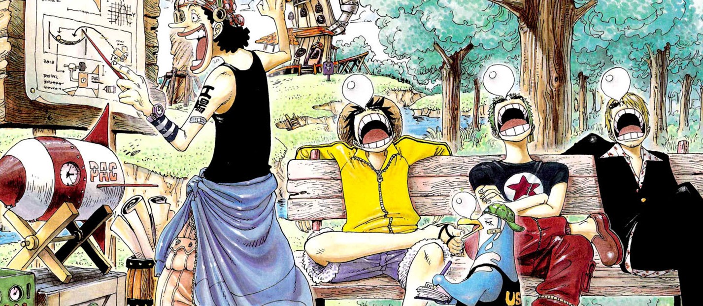 one piece artbook color walk. Luffy, Zoro, Sanji qui dorment entrain d'écouter Usopp.